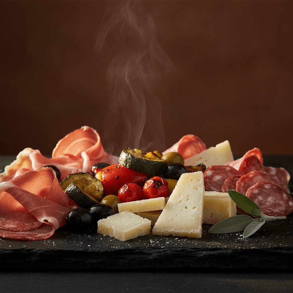 Antipasto-Platte mit Rohschinken, Salami, Pecorino, Ofengemüse und Oliven
