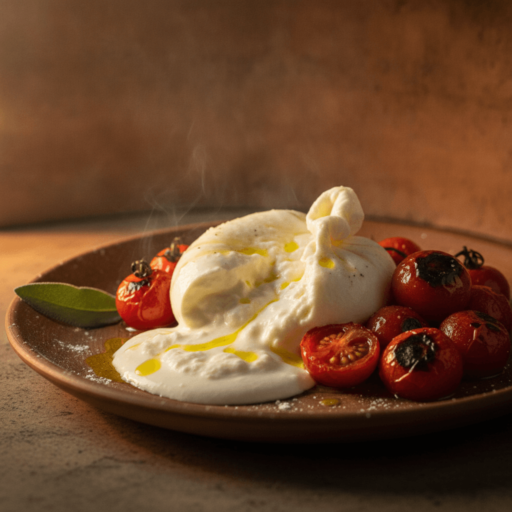 Aufgebrochene Burrata mit im Holzofen geschmorten Kirschtomaten