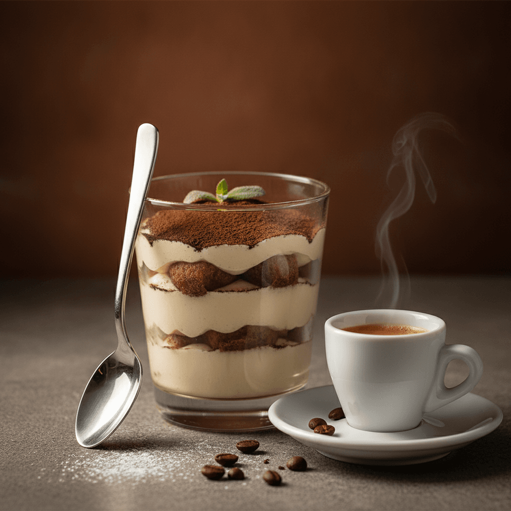 Hausgemachtes Tiramisù im Glas neben einem Espresso