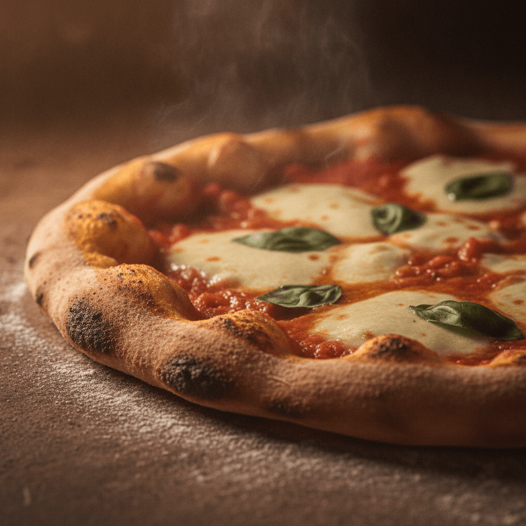 Frisch gebackene Margherita aus dem Holzofen mit dunkel geflecktem, blasigem Rand