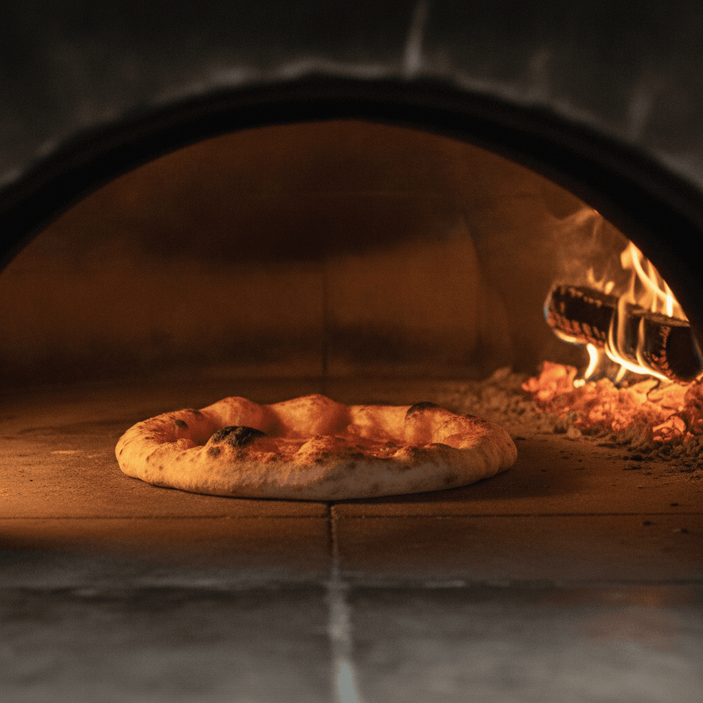Blick in den mit Buchenholz befeuerten Holzofen, in dem eine Pizza backt