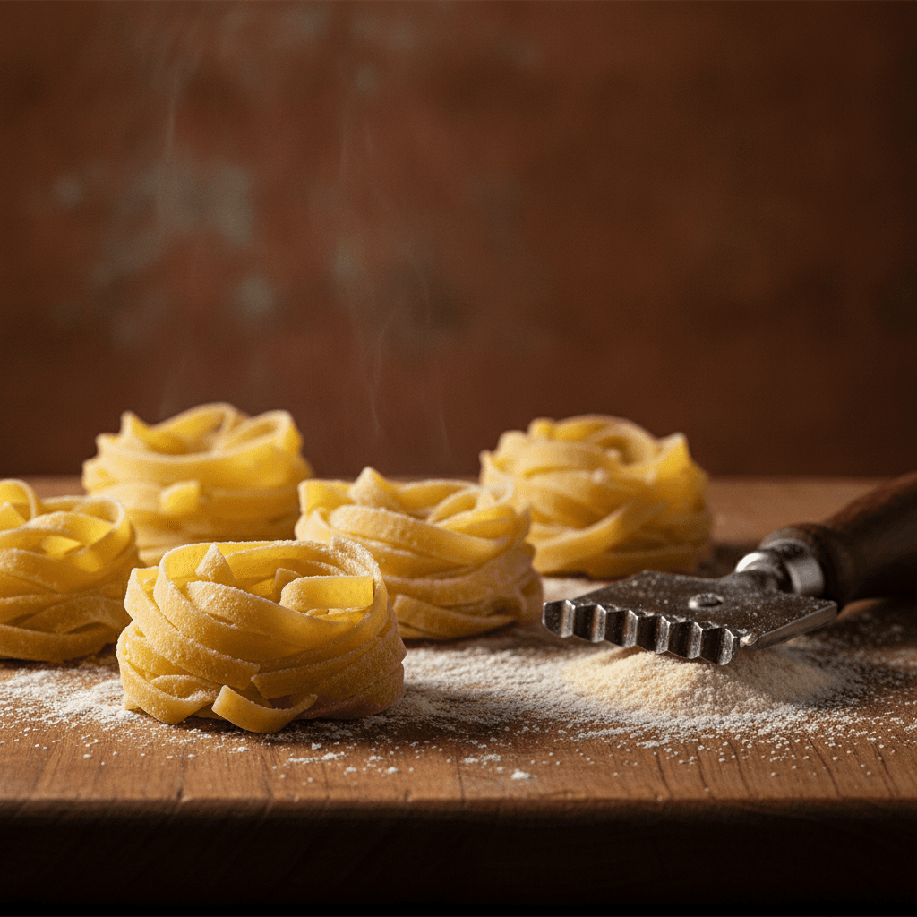 Nester frisch geschnittener hausgemachter Tagliatelle auf einem bemehlten Holzbrett