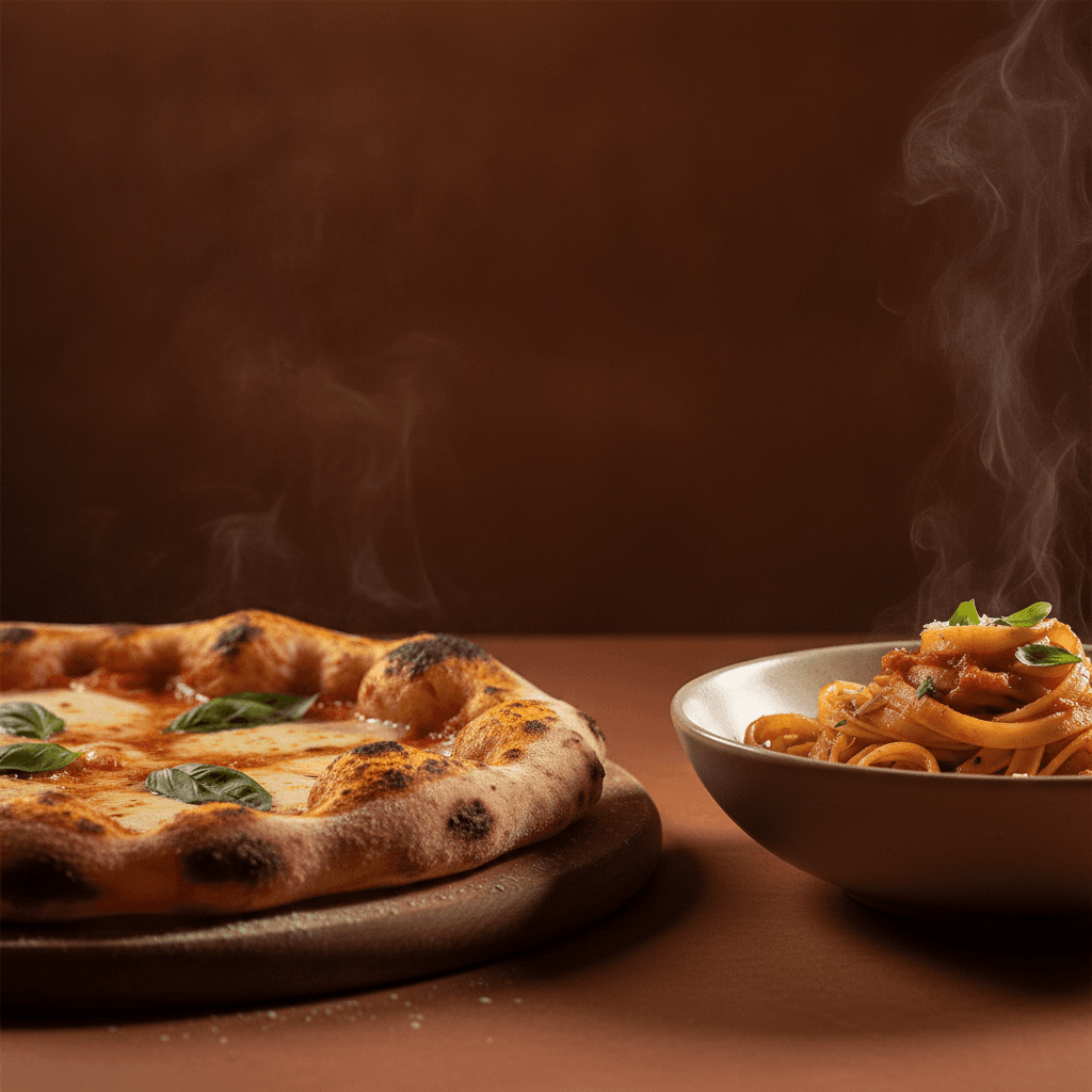 Margherita aus dem Holzofen auf dem Holzbrett neben einem Teller dampfender Tagliatelle