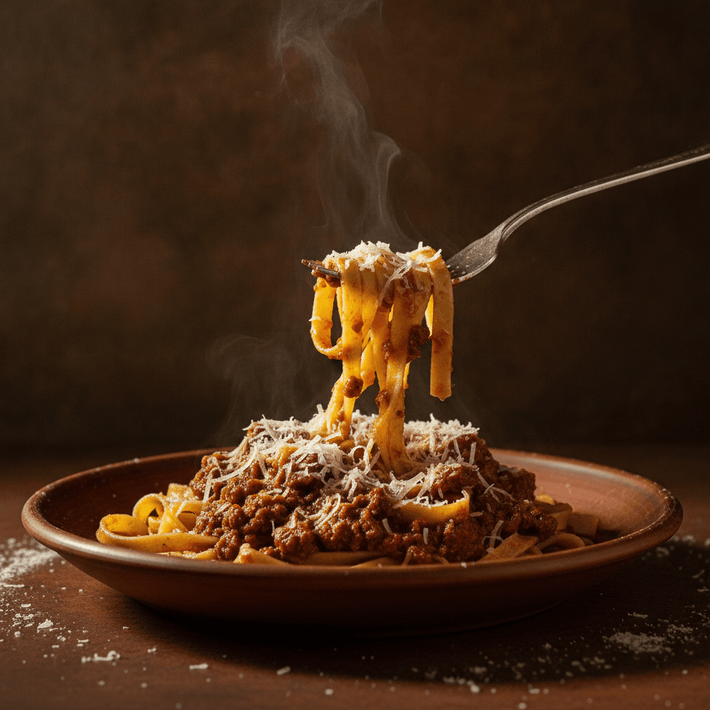 Teller Tagliatelle mit geschmortem Rindsragout und geriebenem Parmigiano